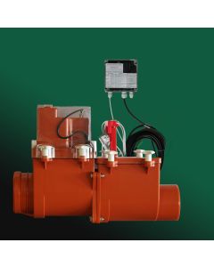 Anti-flood valve DN110 with electronically controlled flap, additional stainless steel flap and manual blocking. With interface