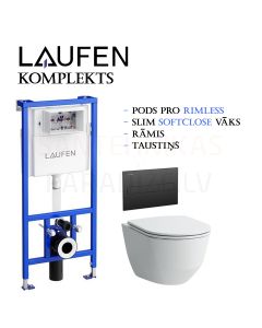 4 in 1 SET Laufen Pro Rimless pakabinamas tualetas + WC potinkinis instaliacinis modulis + Soft Close + mygtukas (Juoda)