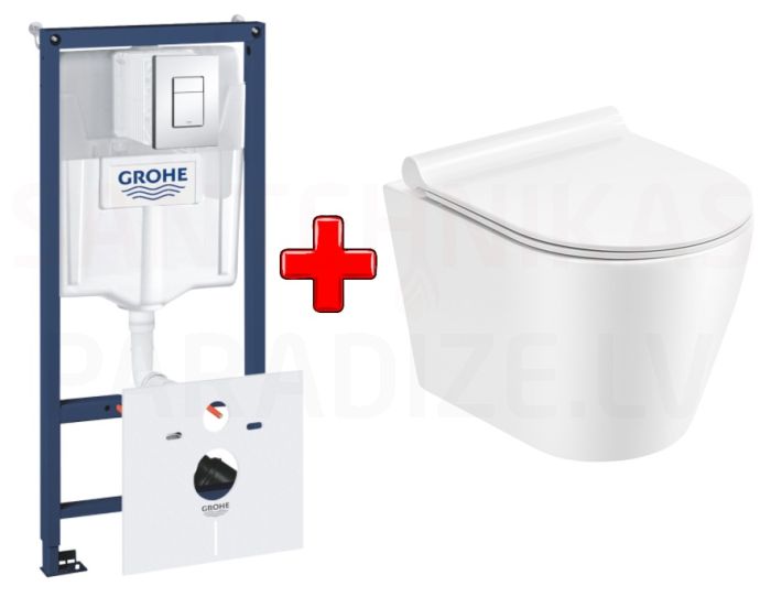 GROHE WC komplekts 7in1 iebūvējamais rāmis + poga Scate Cosmo + KKPOL pods Teja ar SC vāku (balts)