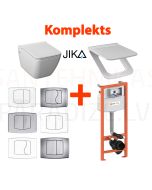 Komplekts 4 in 1 JIKA piekaramais pods Pure + KK-POL AQUAFIORI iebūvējamais tualetes poda (WC) rāmis + Soft Close vāks + Skalošanas poga