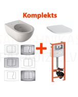 Komplekts 4 in 1 Keramag Acanto Rimfree piekaramais tualetes pods + KK-POL AQUAFIORI iebūvējamais tualetes poda (WC) rāmis + vāks Soft Close + Skalošanas poga