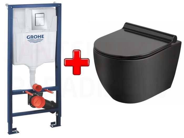 GROHE WC komplekts 5in1 iebūvējamais rāmis + poga Cosmo S + KKPOL pods Latona ar SC vāku (melns)